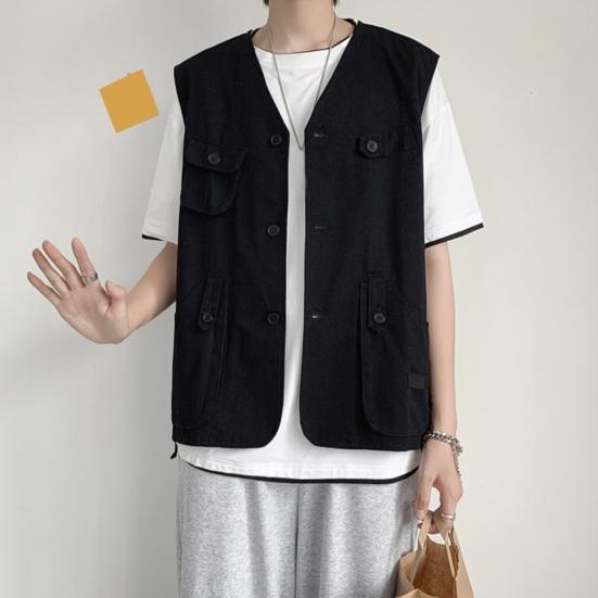 Мужской повседневный жилет без воротника, без рукавов, на пуговицах, жилет, однотонное пальто с несколькими карманами, тонкий стильный уличный жилет-карго