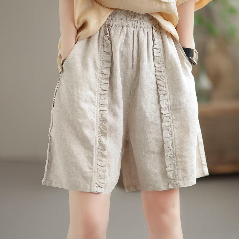 Summer Women's Shorts Casual Pants Loose Retro Pleated Women's Cotton Linen Elastic Waist Pants