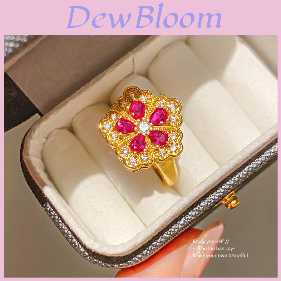 24k Gold Plated Zircon Flower Ring For Ladies With Retro Palace Style Accessory