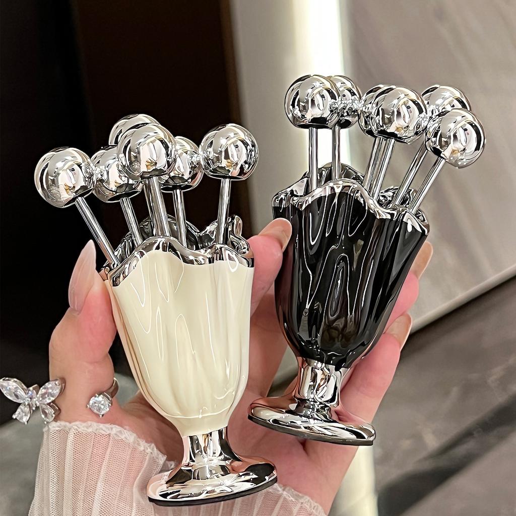 High-looking Stainless Steel Fruit Forks, Home Use, Light Luxury, Youngsters's Safety Small Fork Set, Storage Jar, Dessert Fruit Picks