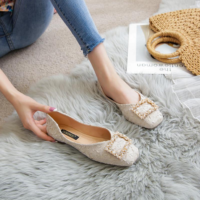 Summer Temperament Square Buckle Rhinestone Press Pleated Satin Square Toe Metal Single Shoes Flat Scoop Shoes Mary Jane Shoes
