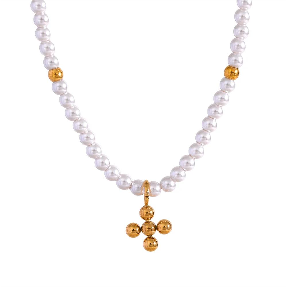 Yhpup Elegant Imitation Pearl Bead Handmade Chain Stainless Steel Chic Golden Pendant Fashion Necklace Collar Jewelry Women Gift