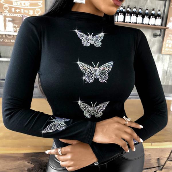 Женская блузка Femme с узором бабочки, топы с длинными рукавами и шипами, большие размеры