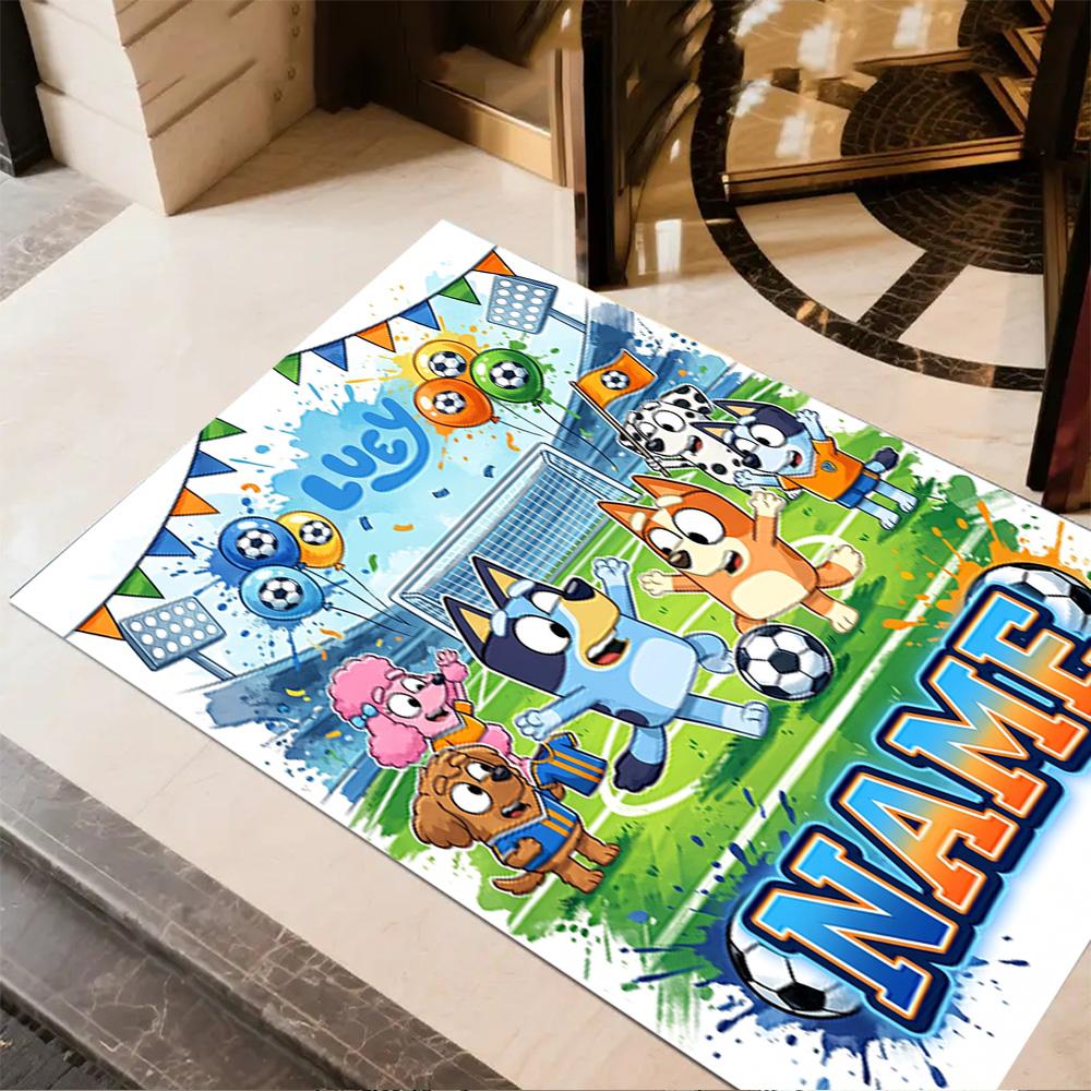 Bluey's Soccer Fun Customize Your Name Area Rug Perfect for Balcony Hallway Kitchen Study room Anti-slip Rug Anime Office Decor Wedding Party Gift