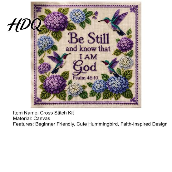 Stamped Cross Stitch Fabric Hummingbird Hydrangea Embroidery Kit Garden Faith DIY Kit Easy for Beginners with Psalm Fabric Beginner Hand Craft