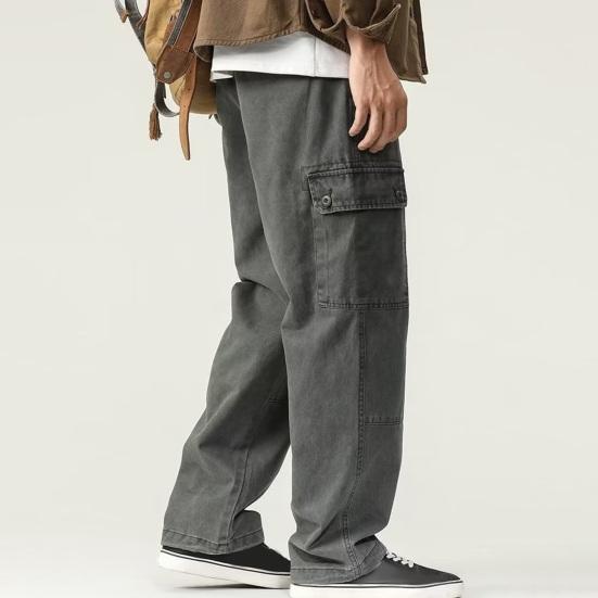 Мужские брюки-карго свободного кроя, однотонные, винтажный стиль, уличный стиль, широкие прямые брюки с несколькими карманами, уличные брюки для путешествий на открытом воздухе