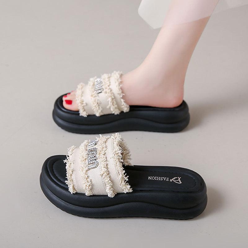 Модные сандалии-шлепанцы на толстой подошве с горным хрусталём, женские, новая летняя обувь