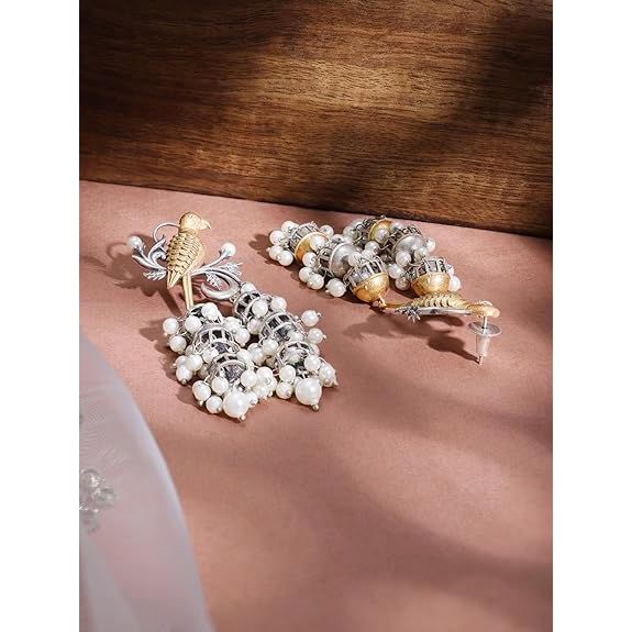 Silver & Gold Dual-Plated Oxidised Long Tree Motif Engraved Dome Jhumka Earrings for Women – Festive & Traditional Looks