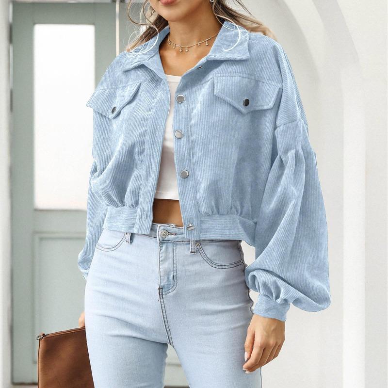 Женская повседневная вельветовая куртка с лацканами, осенне-зимняя однобортная короткая куртка с рукавами-фонариками