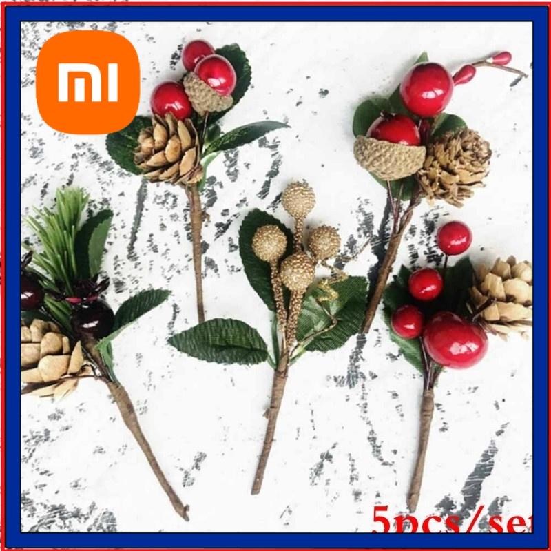 Xiaomi 5Pc Christmas Red Berry Pine Cone Branches Artificial Pine Picks Greeting Cards Gift Bags Boxes DIY Holiday Craft Decor Supplies