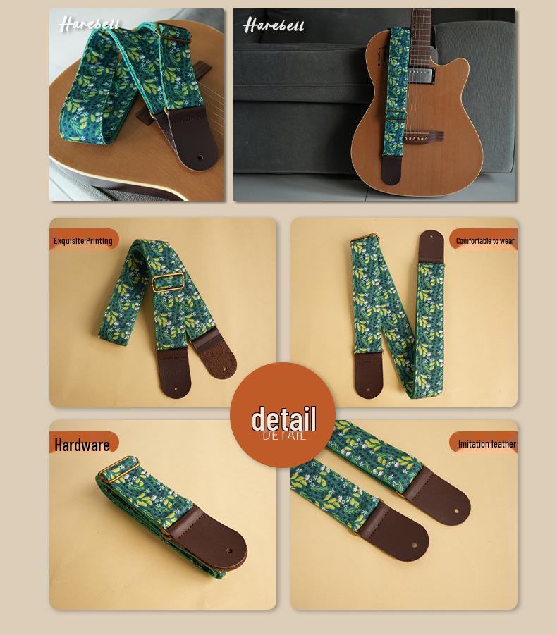 Retro Forest Style Faux Leather Guitar Strap with Green Leaf Vine Design