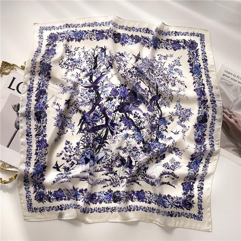 Luxury 2024 Floral Print Square Silk Scarf for Women Hijab Hair Bands 70cm Neckerchief Female Satin Shawl Ribbon Headband