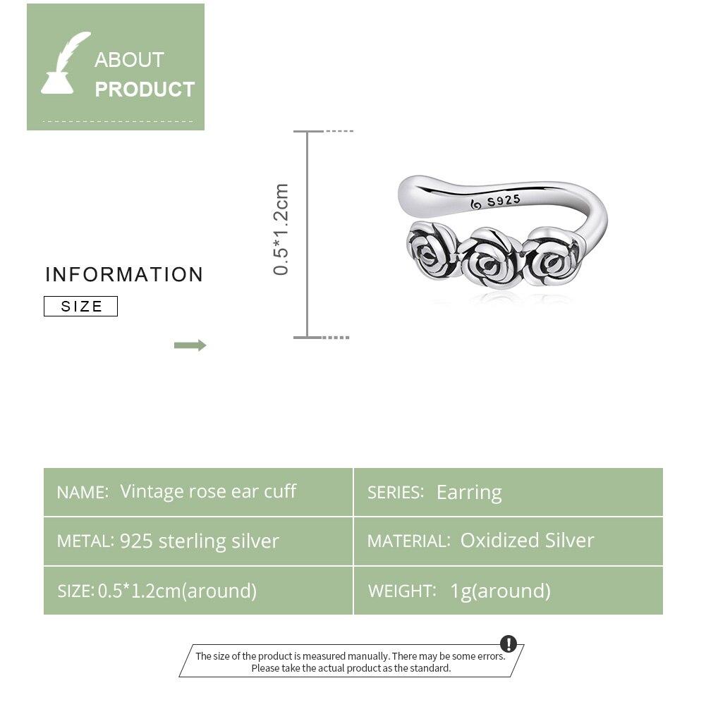 Bisaer 1 шт., винтажные штабелируемые манжеты в форме розы, настоящее серебро 925 пробы, зажим для ушей в стиле ретро с цветами для женщин, ювелирные украшения, свадебный подарок