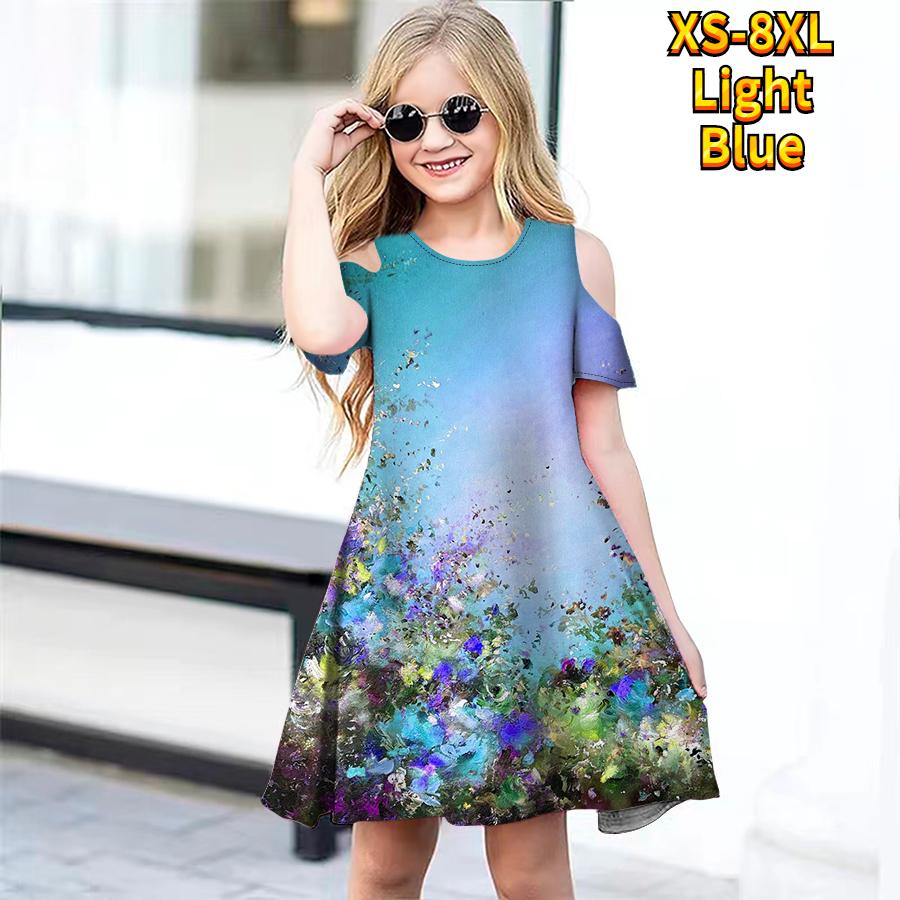 Платья с цветочным принтом для девочек, детское праздничное платье с открытыми плечами для девочек, платье принцессы, платье с короткими рукавами для девочек старше 4 лет