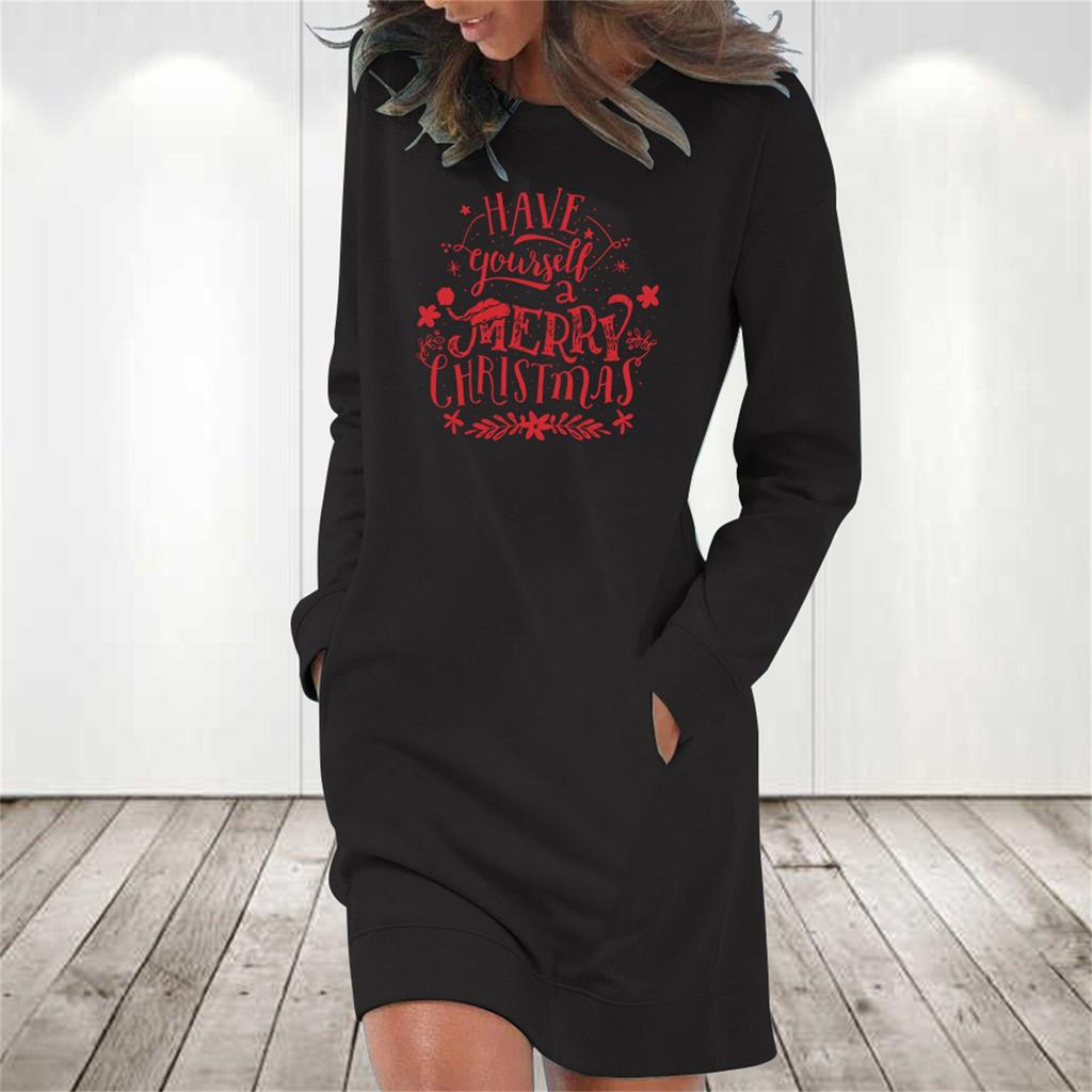 Women's Fashion Christmas Printed Pockets Long Sleeve Pullover Dress