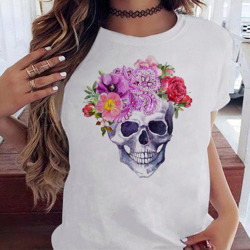 Maycaur Fashion Skull Flower Print Женская футболка Летняя повседневная женская футболка с коротким рукавом и круглым вырезом в стиле 90-х годов, женская футболка, топы