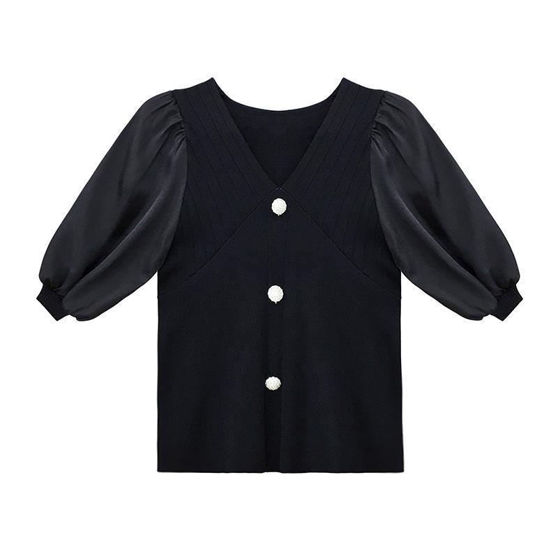 Модные трикотажные топы женские тонкие летние темпераментные элегантные короткие рукава V-образный вырез шифоновая трикотажная рубашка повседневные основные облегающие пуловеры футболки