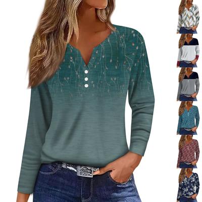 Жен. Футболка Футболка Пуговицы Цветочный принт Длинный рукав Повседневные Выходные Мода Классический Классический V-образный вырез Обычный Топ