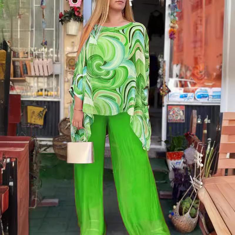 2024 Красочный шифоновый повседневный комплект из двух предметов с принтом, с круглым вырезом, летний