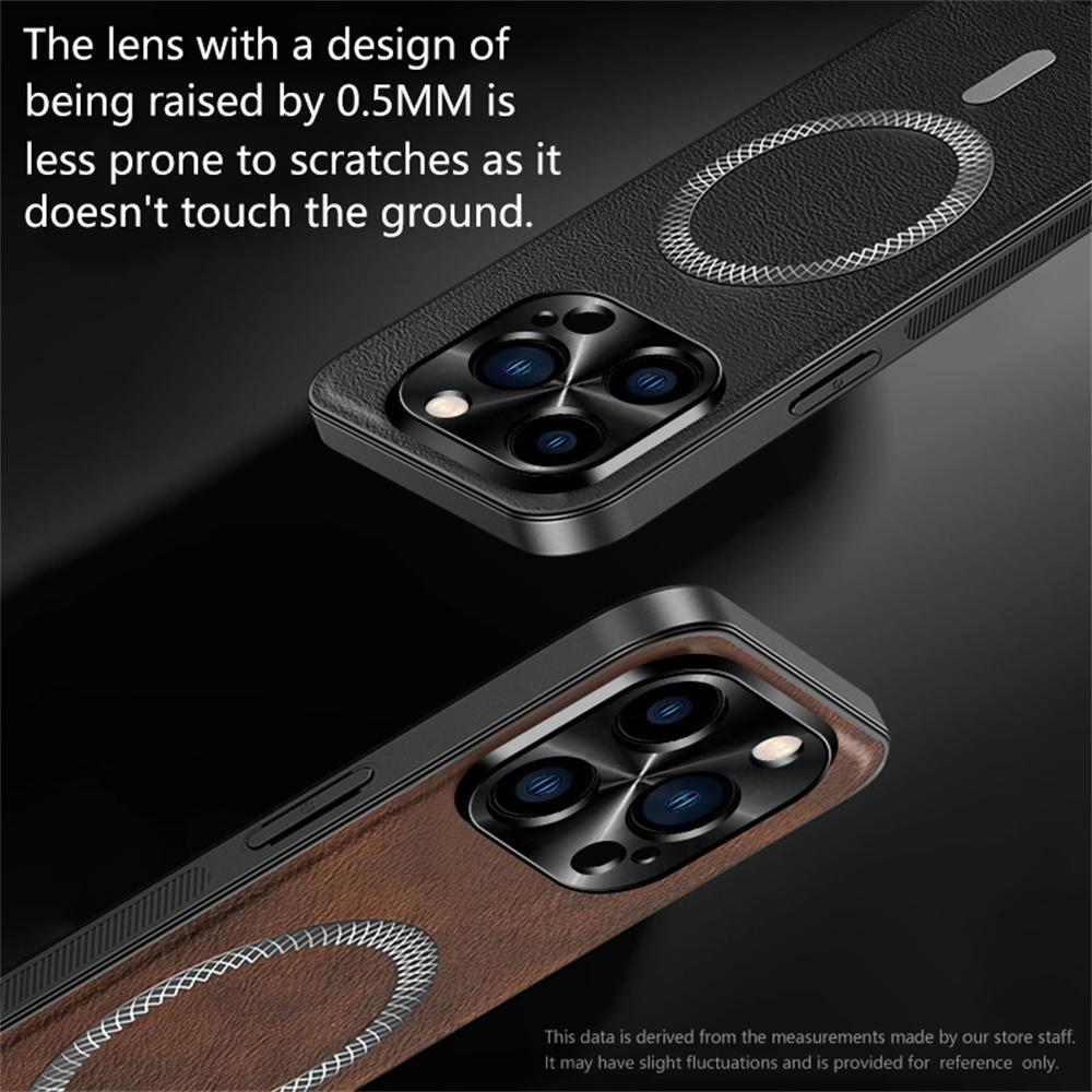 For iPhone 15 Pro Case Compatible with MagSafe PU TPU PC Phone Back Cover with Metal Lens Frame