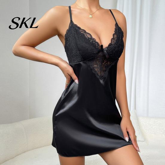 Elegant Nightwear Women Women's Satin Nightgown, Sexy V Neck Chemise Full Nightdress with Suspenders Slip Sleepwear, Sleeveless Sheer Lace Mini