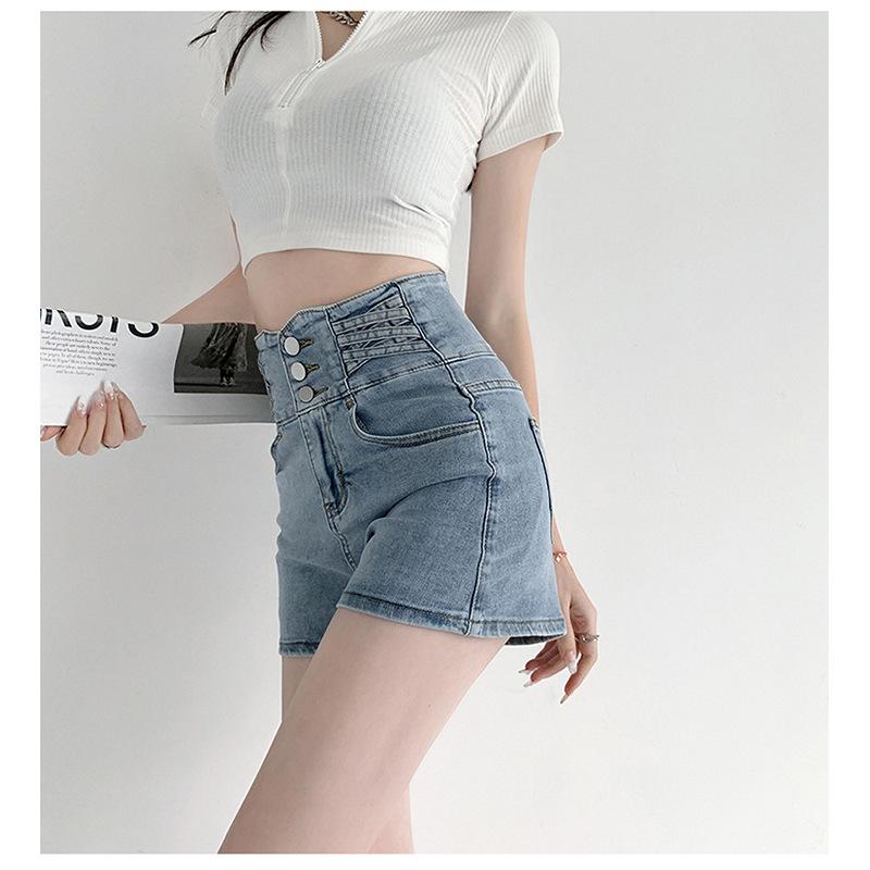 Черные джинсовые шорты с застежкой на пуговицы и высокой талией, корректирующие живот, для женщин, эластичные прямые брюки А-силуэта, широкие шорты в стиле Ins