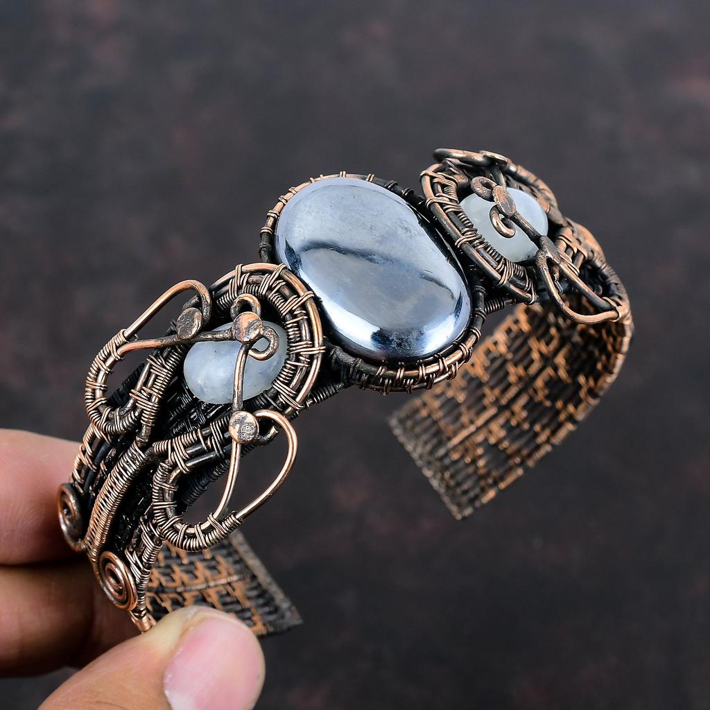 Браслет-манжета из шунгита, браслет-манжета из медной проволоки, браслет из радужного лунного камня, регулируемый браслет-манжета, ювелирные изделия ручной работы из драгоценных камней, подарки для нее