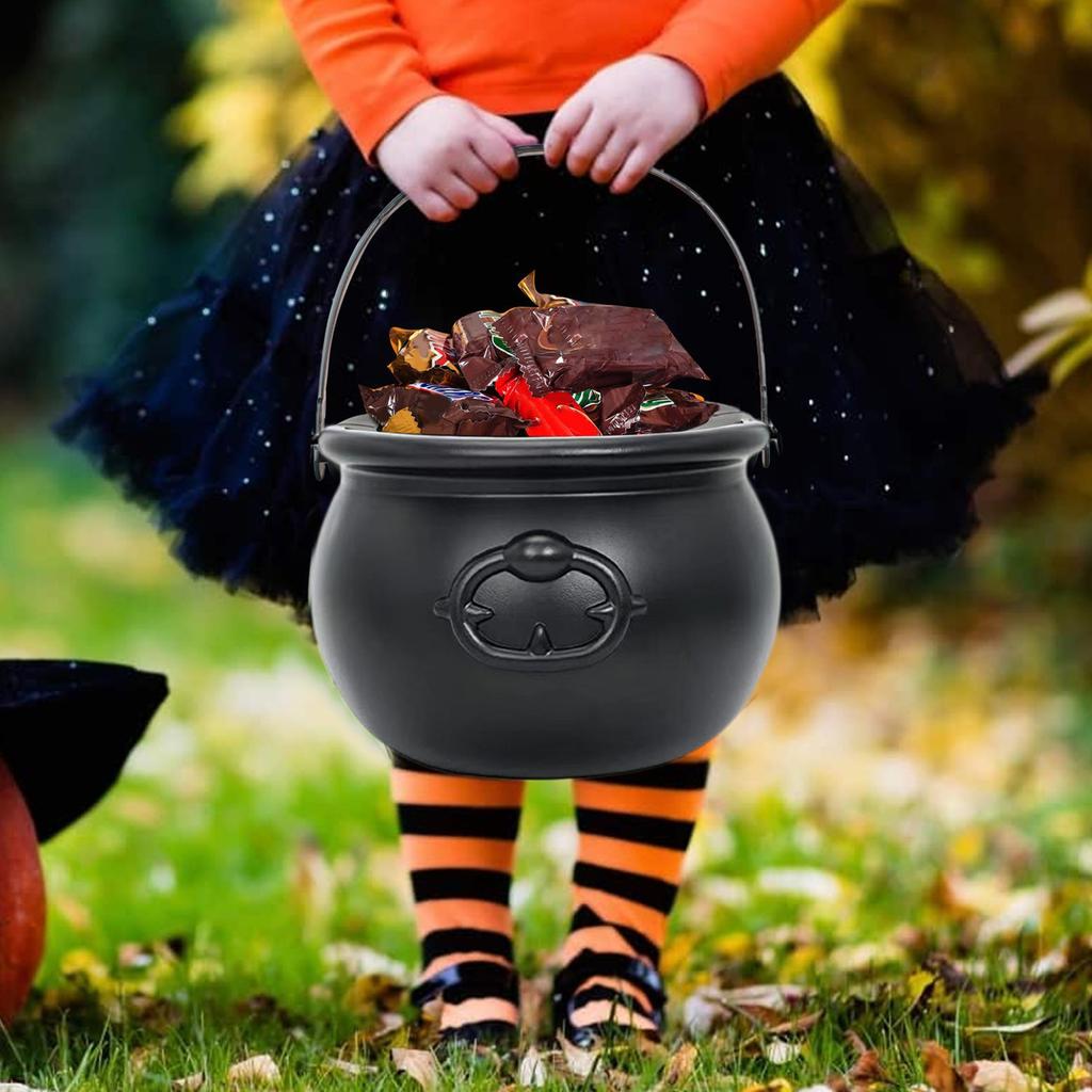 Halloween Candy Bowl Decorations Black Plastic Cauldron Bowls with Iron Rack, Halloween Party Decorations Candy Bucket