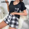Летняя домашняя одежда во французском стиле, пуловер с коротким рукавом, клетчатые карманы, клетчатые шорты, пижамный костюм