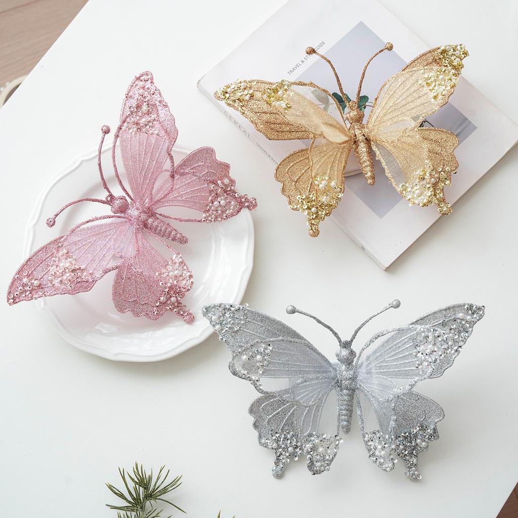Shatterproof Mesh Butterfly Decorations For Christmas Tree 25Cm Glittering Wing Indoor Outdoor Festival Party Supplies