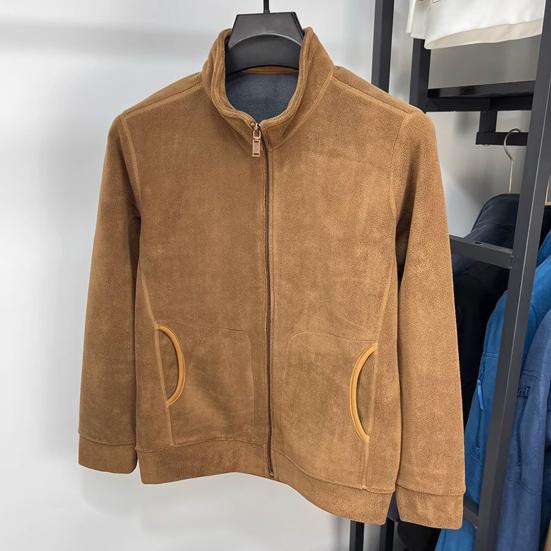 Men Coat Stand-Up Collar Long Sleeve Zipper Closure Polar Fleece Jacket with Pockets Winter Thickened Warm Outerwear