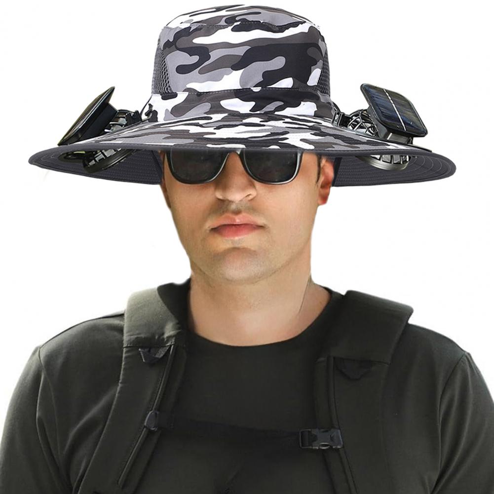 Men Fisherman Hat with Dual Solar Fan Large Brim Windproof Strap USB Charging Anti UV Sunlight Quick Dry Great Breath