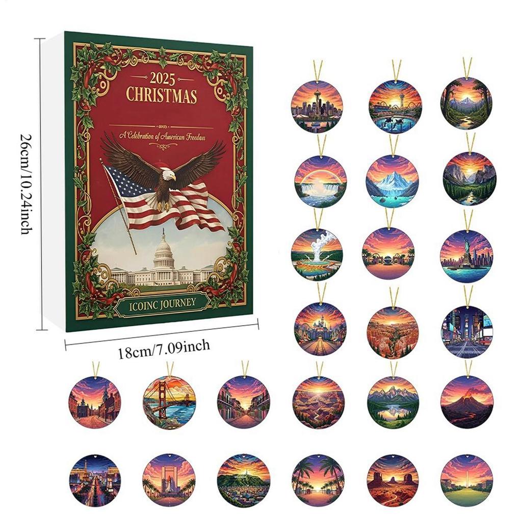 Адвент-календарь с украшениями 2025 24-дневный 2D подвесной адвент Рождественский праздник Подвесной календарь с достопримечательностями США для окна двери елки сумки
