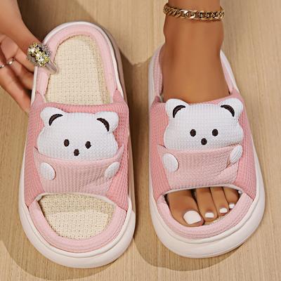 Lucyever милые льняные тапочки с рисунком медведя из мультфильма женские дышащие тапочки с открытым носком на платформе женские нескользящие тапочки на толстой подошве
