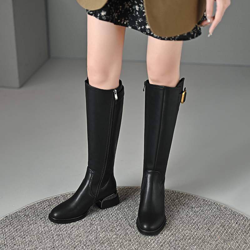 Krazing Pot Осенне-зимняя обувь из коровьей кожи на толстом среднем каблуке, большой размер 45, размер 44, размер 46, металлические пряжки, женские теплые сапоги до колена