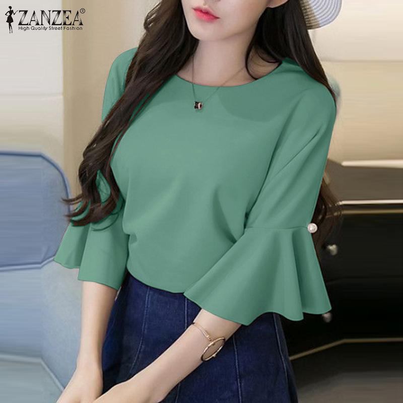 ZANZEA Женская прямая однотонная свободная блузка с круглым вырезом и расклешенными рукавами 3/4