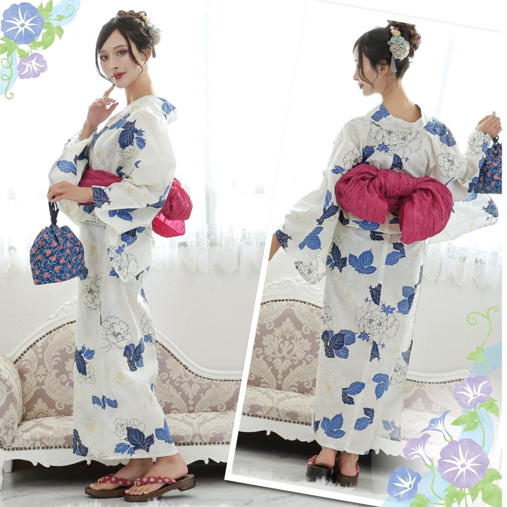 Yukata Layered Peony Heiko Thong Geta One Size Fits Most [RAVIR] Women's 3-piece Set, Flowers, Lovely, Kimono, Fluffy, Obi, Set, Blue,