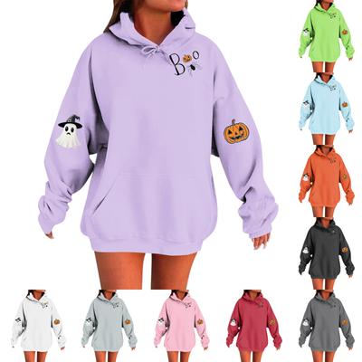 Женский однотонный пуловер с длинным рукавом, капюшоном и повседневным принтом на Хэллоуин