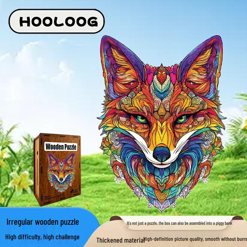 Пазл HOOLOOG Лиса: Деревянная неровная соединяющаяся игрушка, Декоративная роспись, Образовательный подарок и Копилка.
