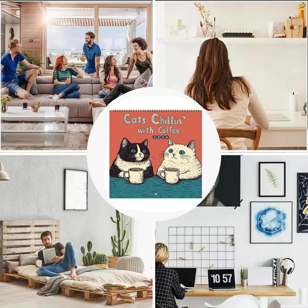 2026 Cats Chillin with Coffe Wall Calendar Hangable Family Schedule Planner Organizer Calendar for Bedroom Home Office Decor