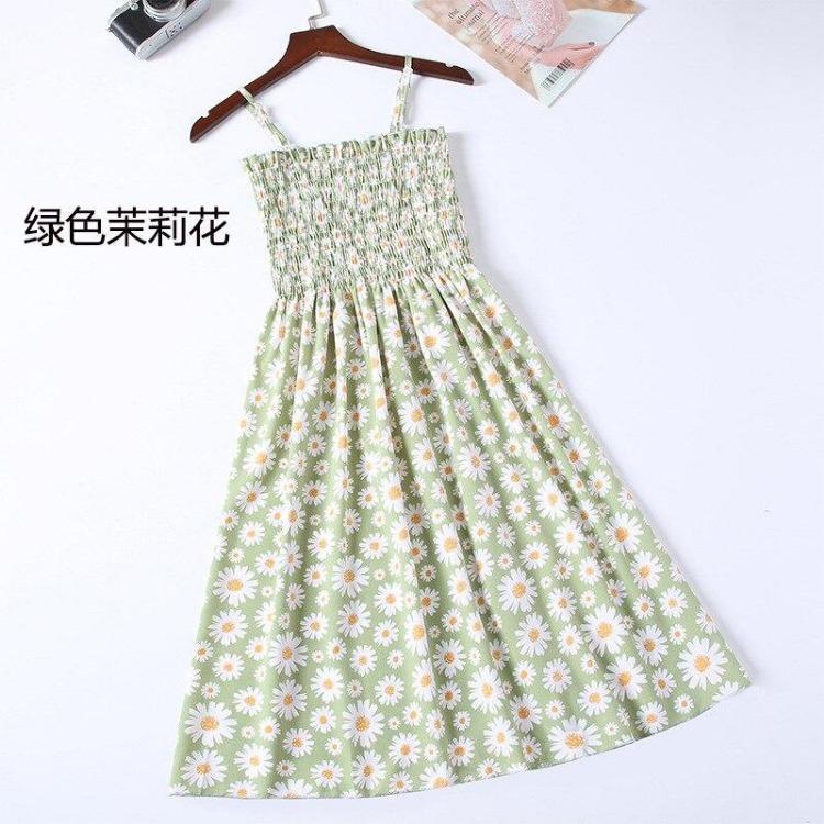 2023 Summer Floral Printed Chiffon Mini Dress Women Casual Fashion Spaghetti Strap Sleeveless Elastic High Waist Dress