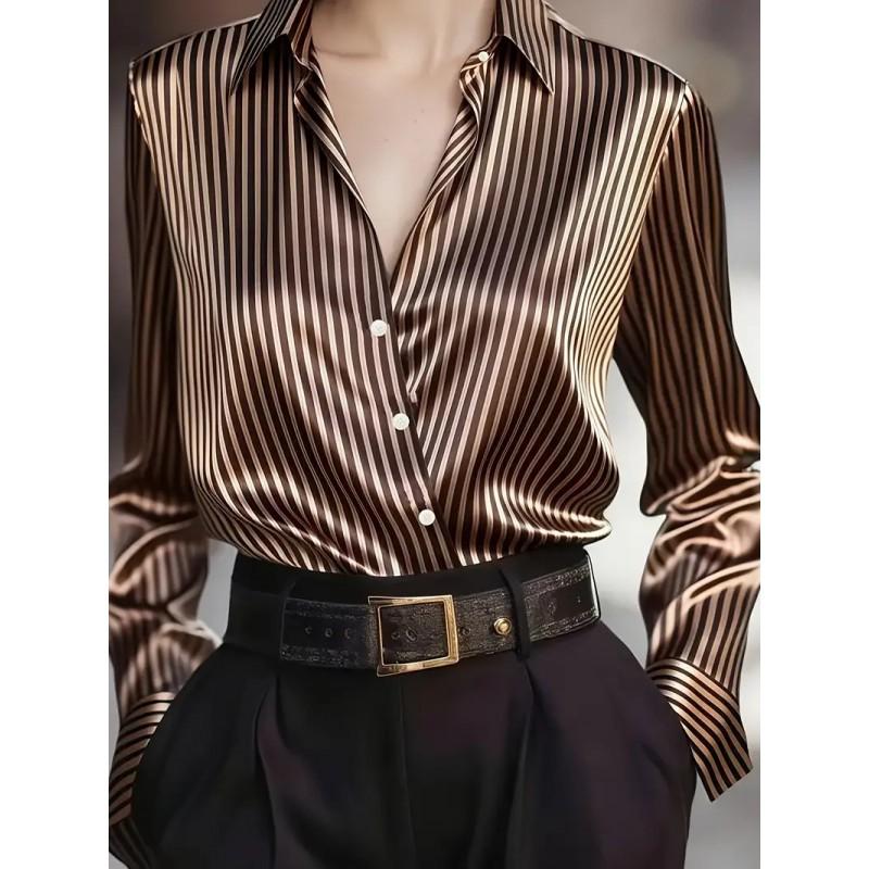 Womens Long Sleeve Button-Down Shirt With Vintage Stripe Classic Collar Regular Fit 2025