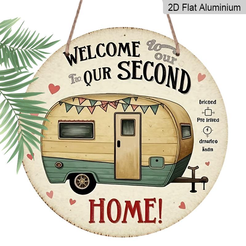 2D Flat, 1pc 7.87inchs Rustic Farmhouse Welcome Aluminum Plaque "Welcome Our Second Time" Camper Van Door Sign - Vintage RV Wall Decor with Hearts