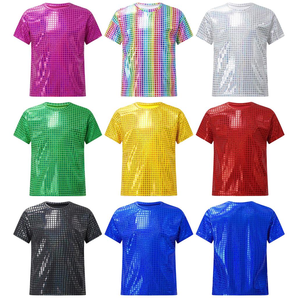 Мальчики Девочки Блестящая Клетчатая Футболка Унисекс Детские Футболки с Коротким Рукавом Топы Чирлидинг Уличные Танцы Хор Сценическое Выступление