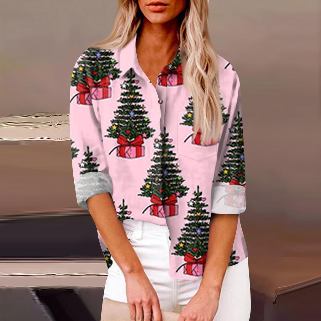 Женская свободная повседневная рубашка с длинными рукавами и рождественским принтом, кардиган с принтом и карманами