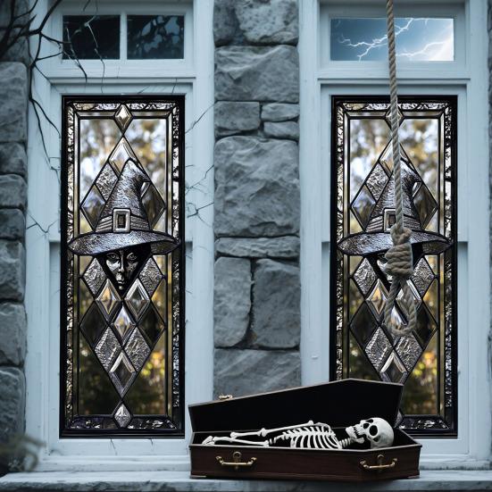 Хэллоуин Наклейка на окно Водонепроницаемый ПВХ Череп Паук Тыква Ведьма Мрачный Жнец Статическая наклейка на стекло Украшение для дома, офиса, вечеринки Декаль