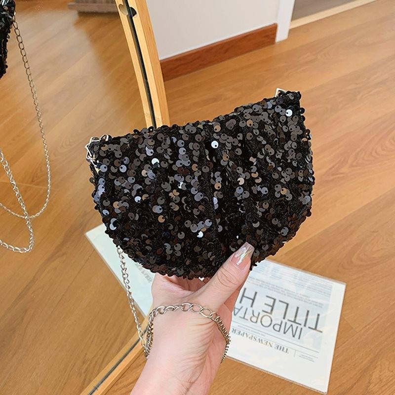 Trendy Mini Half Moon Pu Crossbody Bag With Shiny Sequins For Stylish Women