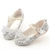 2024 New Princess Shoes for Middle and Large Children, Girls' Silver Bow Performance Shoes with Velcro Strap - Trendy Single Shoes