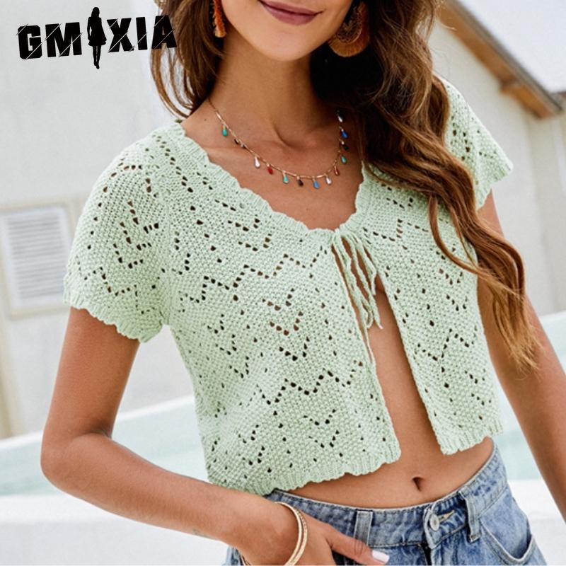 GMXIA Women's Vintage Casual Solid Color Print Spring Summer Hollow Short Sexy Crop Knitting Short Sleeve V-Neck Jackets & Coats