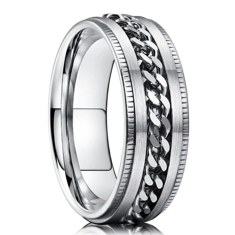 Trendy Rotatable Chain Spinner Fidget Rings for Men Stainless Steel Anti-Anxiety Rotating Band Ring Daily Jewelry